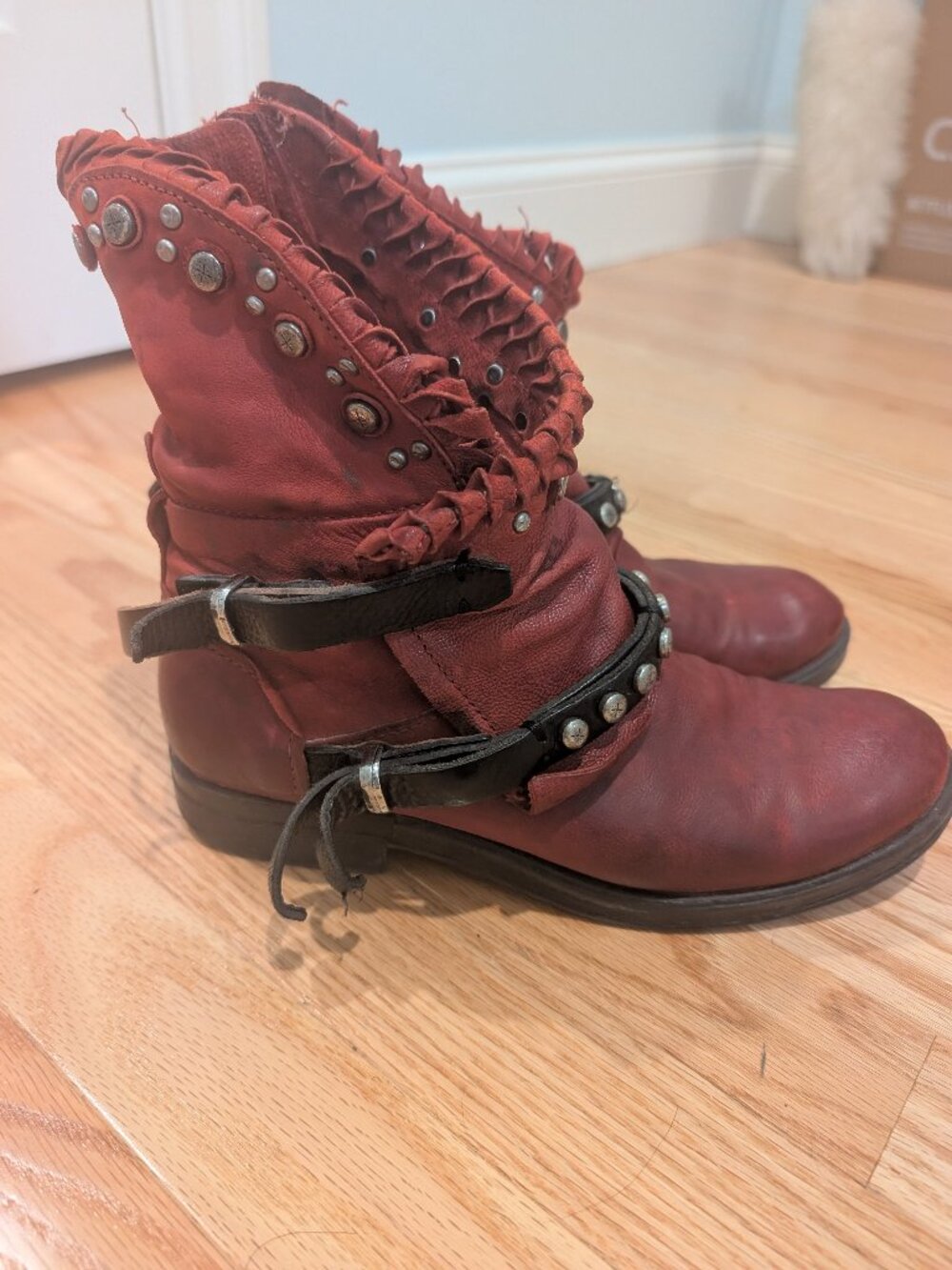 AS98 Cranberry Leather Moto Boots - Size 39 (8-8.5)